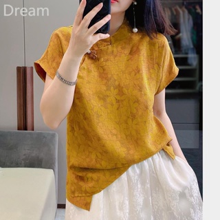 Womens short-sleeved short-sleeved shirt with new Chinese silk plate buckle