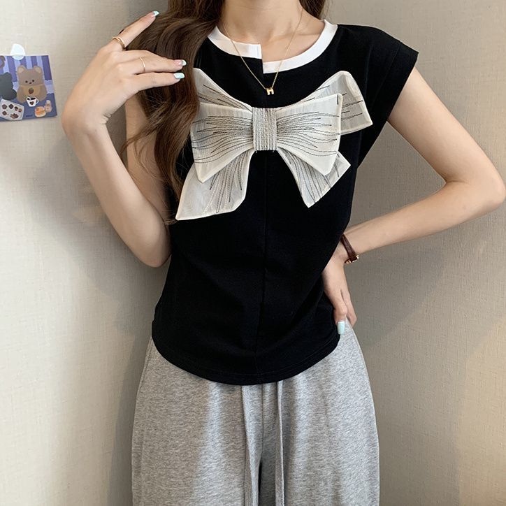Xiao เสื้อยืดลําลอง แขนสั้น คอกลม เข้ารูป ประดับโบว์ สีตัดกัน สไตล์ตะวันตก เข้ากับทุกการแต่งกาย สําหรับสตรี PM7B