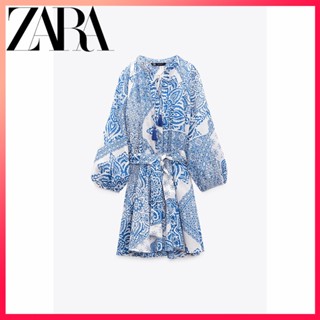 Zara ใหม่ ชุดเดรสสั้น แขนยาว คอวี พิมพ์ลาย สําหรับผู้หญิง