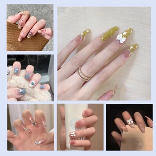（เครื่องมือให้อาหาร）เล็บแฟชั่น เล็บปลอม ชนิดอะคริลิค สไตล์ฝรั่งเศส สีขาว ชมพู 24 ชิ้น