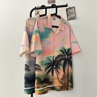 ใหม่ เสื้อยืดแขนสั้นลําลอง คอปกพับ พิมพ์ลายมะพร้าว สีมัดย้อม แฟชั่นฤดูร้อน สไตล์เกาหลี สําหรับผู้ชาย 2023
