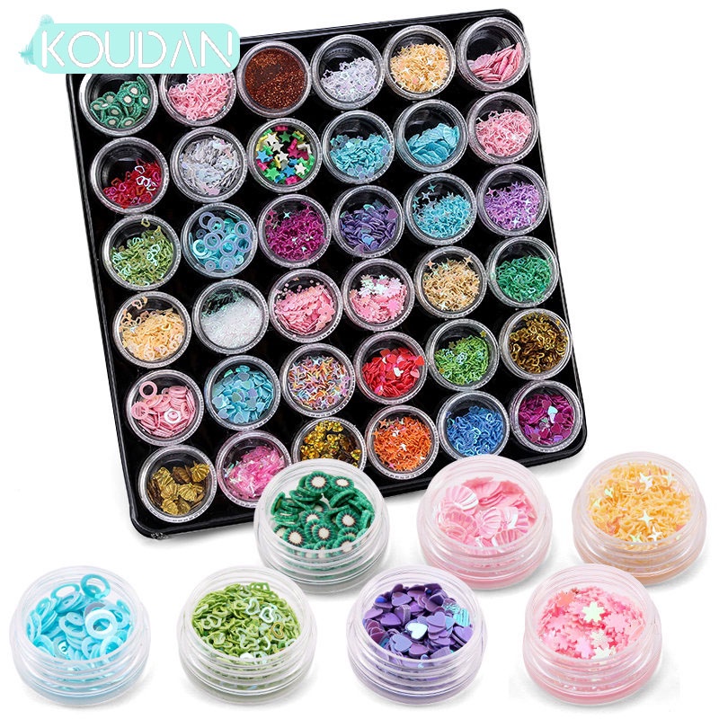 Koudan สติกเกอร์ตกแต่งเล็บ ลายการ์ตูนหัวใจ กลิตเตอร์ เลื่อม 36 กล่อง