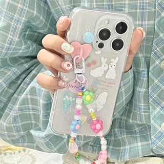 ใหม่ เคสโทรศัพท์มือถือ ซิลิโคน กันกระแทก ลายการ์ตูนกระต่าย ผีเสื้อน่ารัก พร้อมสายโซ่คล้อง สองชั้น สําหรับ iPhone 11 12 13 14promax 14pro 13 12 11 14