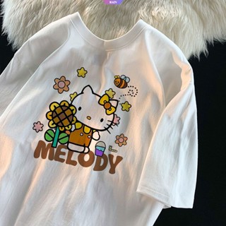 SANRIO เสื้อยืดแขนสั้น ผ้าฝ้าย แบบบาง ทรงหลวม พิมพ์ลายการ์ตูน Hello Kitty เหมาะกับฤดูร้อน สําหรับผู้หญิง [RAIN]