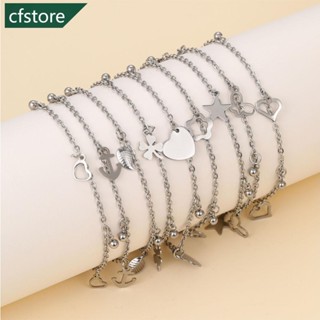 Cfstore สร้อยข้อเท้าอัลลอย จี้รูปหัวใจ ใบไม้ หญ้านําโชค สีเงิน เรียบง่าย เครื่องประดับ O1Q1