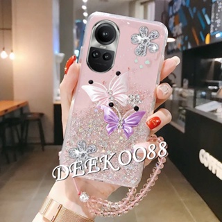 ใหม่ เคสโทรศัพท์มือถือ ลายผีเสื้อบินน่ารัก แต่งกลิตเตอร์ พร้อมสายคล้องมือ สําหรับ OPPO Reno10 Pro Plus Pro+ 5G 2023 Reno 10 10Pro Reno10Pro+