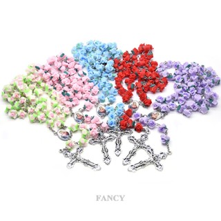 Fancy สร้อยคอ ดินโพลิเมอร์ สีแดง ดอกกุหลาบ ไม้กางเขน เครื่องประดับสวดมนต์ทางศาสนา สําหรับผู้ชาย ผู้หญิง