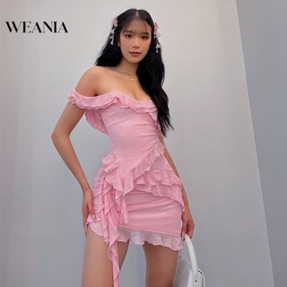 Weania ชุดเสื้อยืด เปิดไหล่ ขอบไม้ ทรงสลิมฟิต เซ็กซี่ สําหรับผู้หญิง