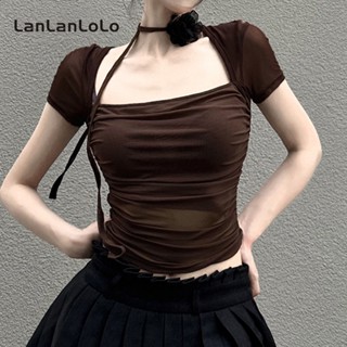 Lanlanlolo เสื้อยืดลําลอง แขนสั้น คอสี่เหลี่ยม เข้ารูป สีพื้น สําหรับสตรี 2023