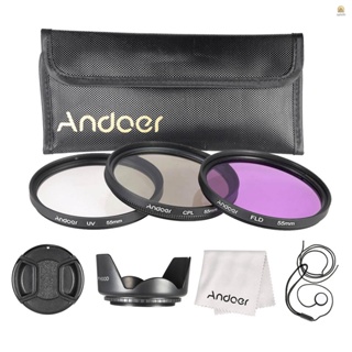 Andoer ชุดฟิลเตอร์ 55 มม. (UV + CPL + FLD) + กระเป๋าไนล่อน + ฝาปิดเลนส์ + ที่ใส่ฝาปิดเลนส์ + ฮู้ดเลนส์ + ผ้าทําความสะอาดเลนส์