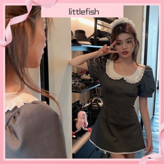 [littlefish] กระโปรงสั้น ทรงเอ เอวแคบ คอตุ๊กตา สีดํา หรูหรา แฟชั่นฤดูร้อน สําหรับผู้หญิง