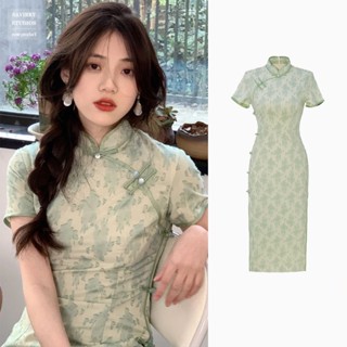 ชุดกี่เพ้าสาวอวบ ชุดวันตรุษจีนผู้หญิง ปรับปรุง cheongsam ใหม่ผู้หญิงฤดูร้อนสีเขียวหนุ่มสาวอารมณ์สาวสาธารณรัฐจีนสไตล์วินเทจยาวสง่างามชุด