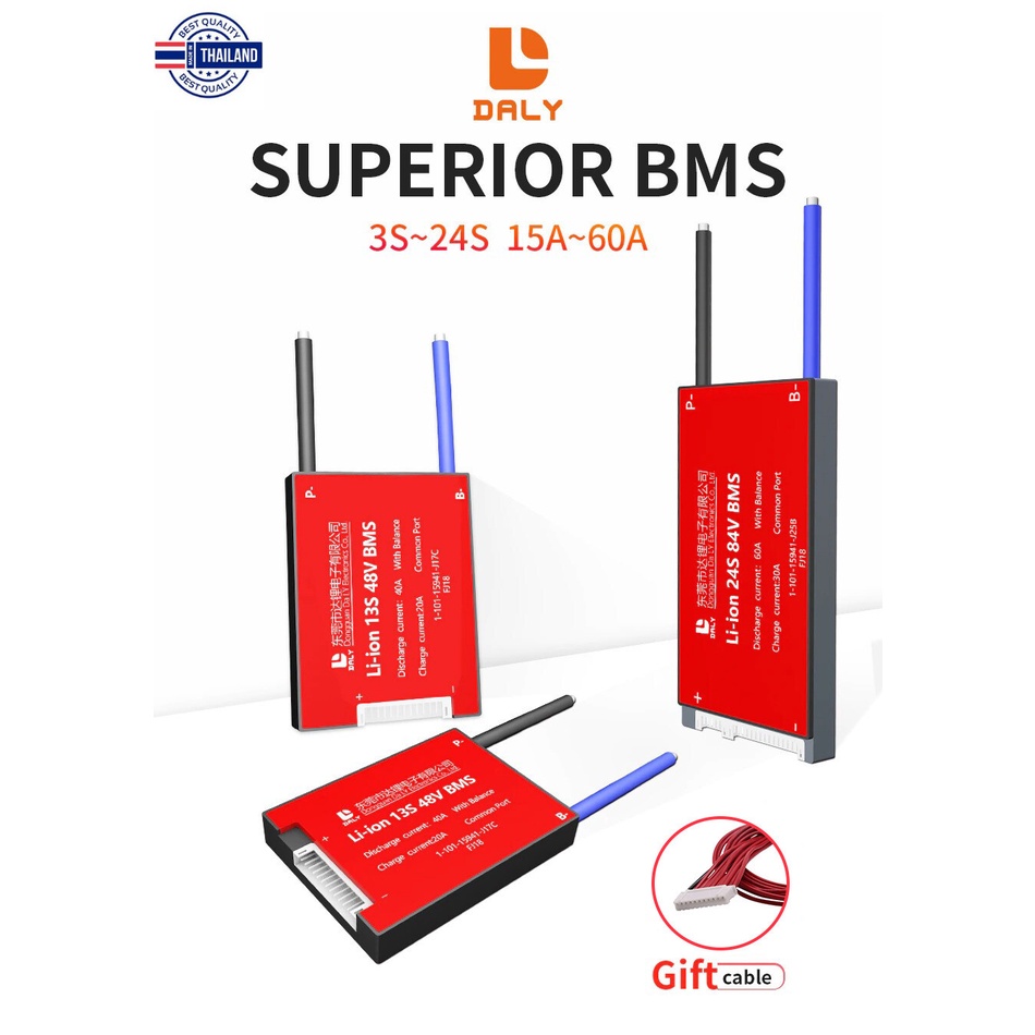 DALY BMS Battery Management System สำหรัแตเตอรี่ Lion, NMC 3.7V แ 12V3S, 24V7S, 48V14S 30-60A แกันน้