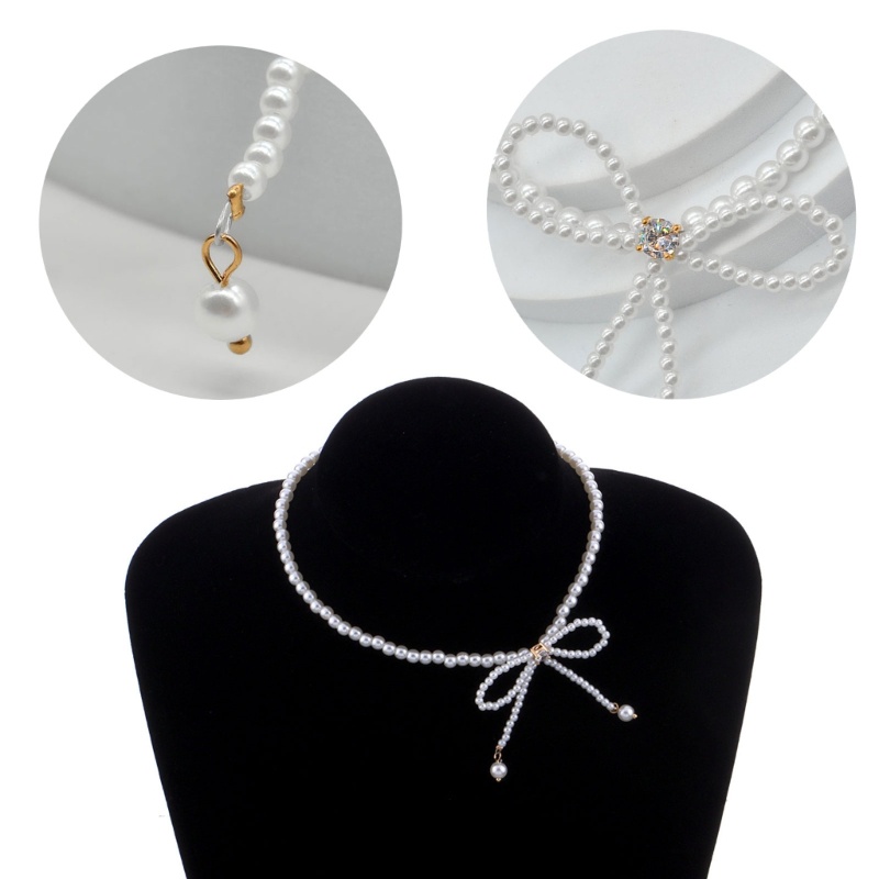 CH ประดิษฐ์ไข่มุกสร้อยคอพู่สไตล์ Bowknot จี้คอโซ่ Y2K เครื่องประดับ