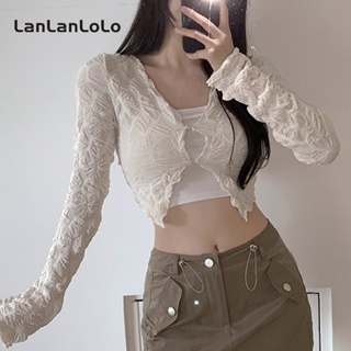 Lanlanlolo เสื้อคาร์ดิแกนลําลอง แขนยาว คอกลม สีพื้น ทรงสลิม สําหรับผู้หญิง 2023