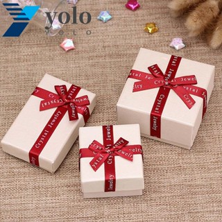 Yolo กล่องเครื่องประดับ สร้อยคอ ต่างหู ริบบิ้น สีแดง โบว์ สีเบจ 1 ชิ้น กล่องของขวัญ