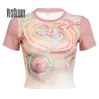 Vesglory เสื้อครอปท็อป คอกลม แขนสั้น พิมพ์ลาย สีตัดกัน แฟชั่นสําหรับผู้หญิง 2023