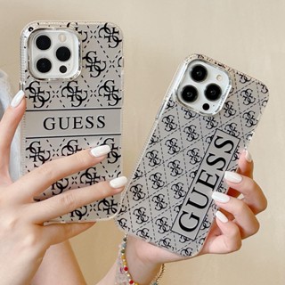 เคสโทรศัพท์มือถือ ป้องกันเต็มเครื่อง พิมพ์ลายตัวอักษร Guess สีเงิน สีดํา สําหรับ iPhone 14ProMax 13 12 11