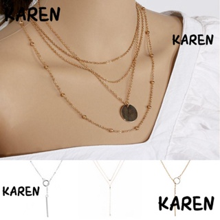 KAREN Trendy Fashion Copper Alloy Geometric Pendant Round Rectangle Shape Multi Layer Necklace