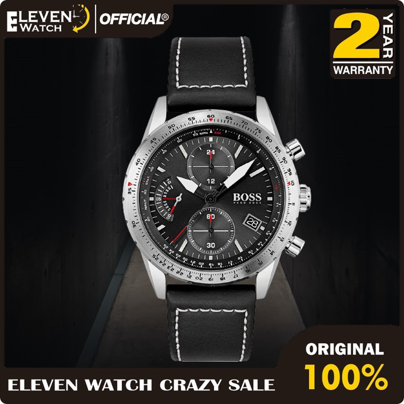 [ลดราคา] Hugo Boss นาฬิกาข้อมือ สําหรับผู้ชาย 1513853 Pilot Edition Chronograph นาฬิกาข้อมือ สายหนัง สีดํา รับประกัน 2 ปี✔Cod][ของแท้ 100%]
