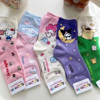 SANRIO ถุงเท้า ผ้าฝ้าย แบบนิ่ม ลาย Hello Kitty Cinnamoroll น่ารัก สําหรับเด็กผู้หญิง