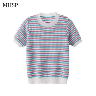 Mhsp ฤดูร้อนใหม่เกาหลีสลิมคอกลมแขนสั้นถักเสื้อ