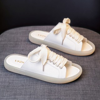 Genuine Leather Lace-Up Slippers 2023 Summer New Arrival Internet Celebrated Popular Womens Shoes with Beef Tendons Soft Sole Home Sandals for Women