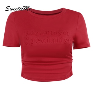 Sweeticme เสื้อยืดลําลอง แขนสั้น คอกลม สีพื้น แฟชั่นใหม่ สําหรับสตรี 2023