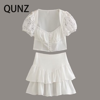 Qunz เสื้อลูกไม้ สีขาว + กระโปรงยาวครึ่งหนึ่ง 4557