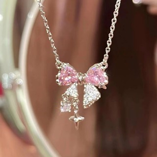 Pink Zircon Bow Necklace for Girls, New Style, Small and Elegant Style, Simple and Luxury Necklace for Students, Retro Necklace for Women