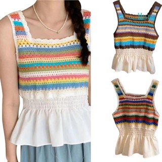 Mary เสื้อกล้ามถักโครเชต์ ลายทาง สีรุ้ง ฤดูร้อน สําหรับผู้หญิง