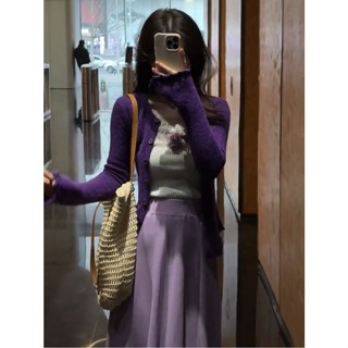เสื้อคาร์ดิแกนแขนยาว ผ้าถัก แต่งลูกไม้ สีเทา สีม่วง สําหรับผู้หญิง
