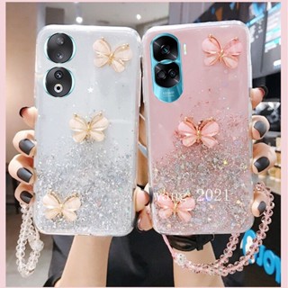 พร้อมส่ง ใหม่ เคสโทรศัพท์มือถือนิ่ม ปิดด้านหลัง ลายผีเสื้อสามมิติ แต่งกลิตเตอร์ พร้อมสายคล้อง สําหรับ Honor90 70 90 Lite 5G 2023 90 Lite