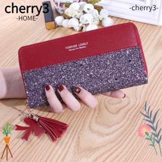 Cherry3 กระเป๋าสตางค์ ใบยาว หนัง PU แต่งกลิตเตอร์ มีซิป หรูหรา สีชมพู สําหรับผู้หญิง