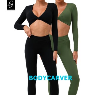 Bodycarver ใหม่ ชุดกีฬา เสื้อโยคะ แขนยาว ลําลอง ยืดหยุ่นสูง สําหรับผู้หญิง 2 ชิ้น