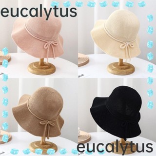 Eucalytus1 หมวกฟางกันแดด ประดับโบว์ พับได้ สไตล์เกาหลี สําหรับชาวประมง