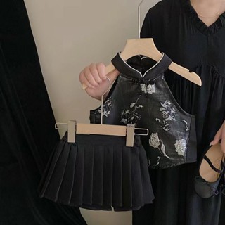 [พร้อมส่ง] ชุดเสื้อแขนกุด และกระโปรงพลีท สองชิ้น สไตล์จีนย้อนยุค ไซซ์ 90-160 เหมาะกับฤดูร้อน สําหรับเด็กผู้หญิง