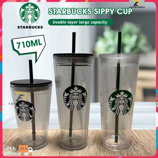 พร้อมส่ง Starbucks แก้วน้ำพลาสติกใสสีเขียว Ps Plastic Straw Cup 710ml/437ml Cover Coffee Cup