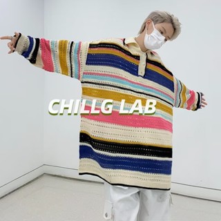 CHILLG LAB ท็อปส์ซูผู้ชาย ปกสีย้อนยุคอเมริกัน เสื้อโปโลถัก กลวง แขนยาว ลาย เสื้อกันหนาว คู่รุ่น