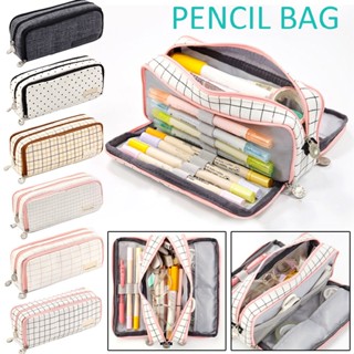 New Large Capacity Canvas Plaid Pencil Case Square Stationery Box Cosmetic Bag