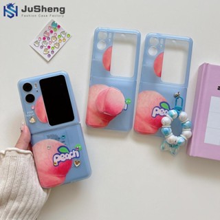 Jusheng เคสโทรศัพท์มือถือ แบบฝาพับ ลายพีช สีฟ้า พร้อมสายโซ่คล้อง สําหรับ OPPO Find N2