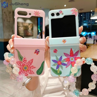 Jusheng เคสโทรศัพท์มือถือแฟชั่น ลายผีเสื้อ ดอกไม้ สีฟ้า สําหรับ Samsung Z Flip5 Z Flip4 Z Flip3 Yayoi Kusama