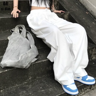 Spot second hair# white overalls summer womens casual mop pants spring and autumn straight wide leg pants loose Sports high waist bf pants 8.cc