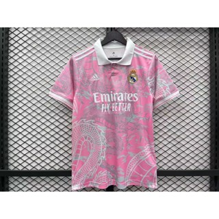 เสื้อโปโลแขนสั้น ลายทีมชาติฟุตบอล Madrid มังกร 23 24 R สีชมพู สําหรับผู้ใหญ่