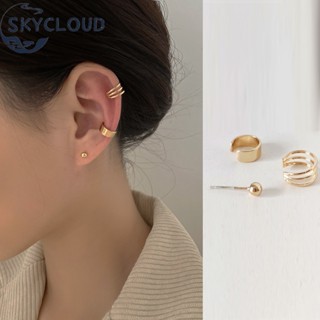 Skycloud ชุดต่างหู แบบคลิปหนีบ ทรงเรขาคณิต สีทอง แวววาว สไตล์พังก์ เรโทร ไม่เจาะ เครื่องประดับ สําหรับผู้หญิง ผู้ชาย 3 ชิ้น