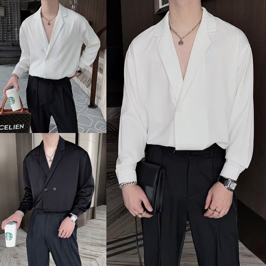เสื้อผู้ชาย ทรงหลวม สีขาว แบบเรียบง่าย แฟชั่นสไตล์เกาหลี เสื้อเชิ้ตผู้ชาย
