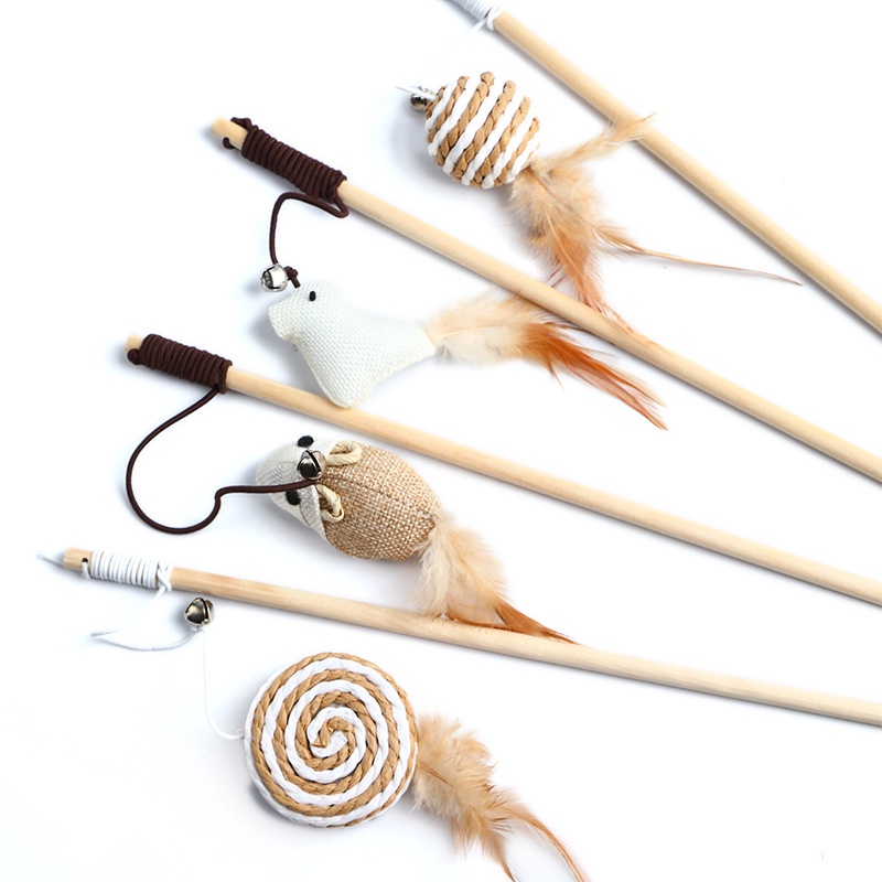 1PC Teaser Feather Toys Kitten Funny Colorful Rod Cat Wand Toys Wood Pet Cat Toys Interactive Stick 