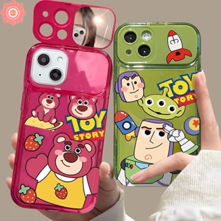 เคสโทรศัพท์มือถือแบบนิ่ม กันกระแทก ลายการ์ตูนหมีสตรอเบอร์รี่ ทอยสตอรี่ พร้อมกระจกแต่งหน้า สําหรับ IPhone 7Plus XR 14 13 12 Pro MAX 7 8 14 Plus X XS MAX SE