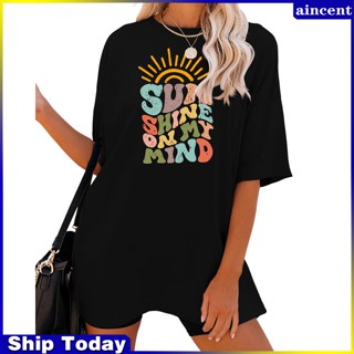 Ancent เสื้อยืดแขนสั้นลําลอง โพลีเอสเตอร์ 65% พิมพ์ลาย Spandex Sunshine On My Mind 30% ทรงหลวม 5%