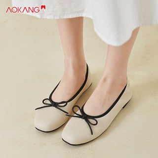 AOKANG ฝรั่งเศส moccasins ผู้หญิงฤดูร้อนโบว์สบาย ๆ สแควร์หัวแบนด้านล่างลื่นบน